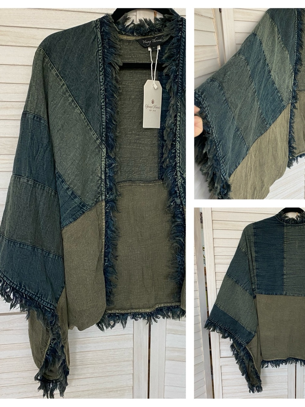 Young Threads Denim-Style Fringe Open Cardigan Patchwork Lightweight L NWT